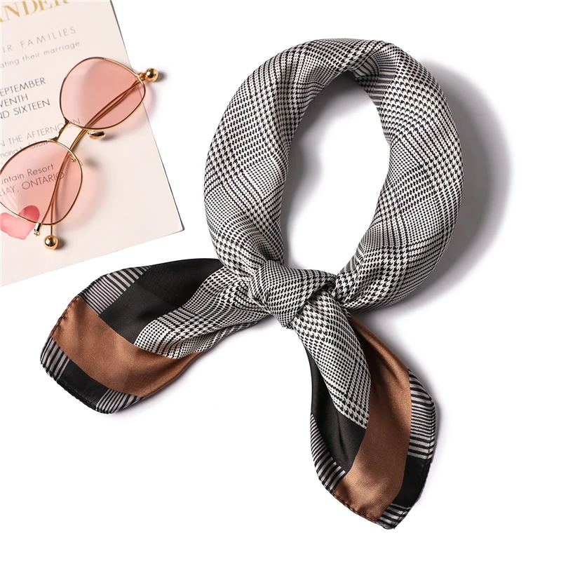 

Women Hair Neck Scarf Silk Shawls and Wraps Fashion Plaid Head Scarves Bag Tie Square Foulard Pashmina 2021 New