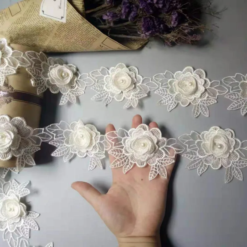 Винтажная вышитая жемчугом лента из полиэстера цвета слоновой кости с цветочной