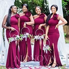 Длинные бордовое атласное платье для подружки невесты, платья на одно плечо для женщин, 2021, элегантное свадебное вечернее платье, Русалка, подружки невесты