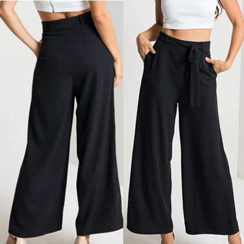 

2020 fashion Wide Leg pants for office lady elegant solid high waist lace up pants loose OL pants Casual spring Autumn Trousers