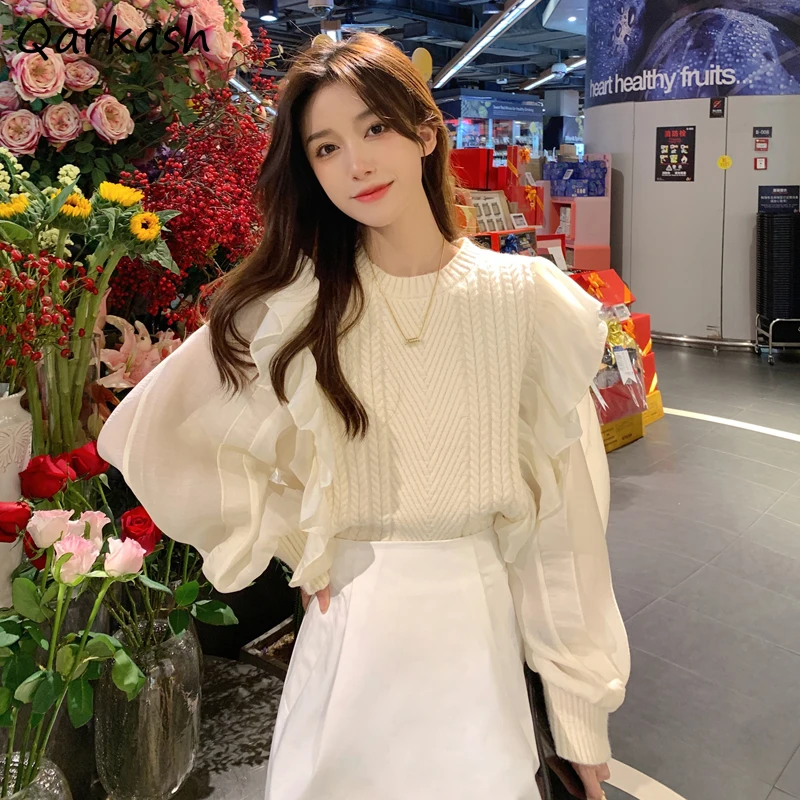 

Pullovers Women Patchwork Ruffles Design Korean Style Tender Spring Holiday Chic Female Retro Fake Two Pieces Ins Soft Clothing