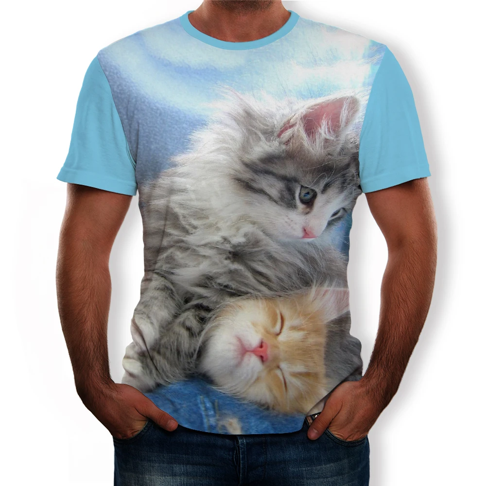 

2021 Summer Fashion New Animal World Kitty 3D Printed Pattern Men's T-shirt Casual Short Sleeve Top