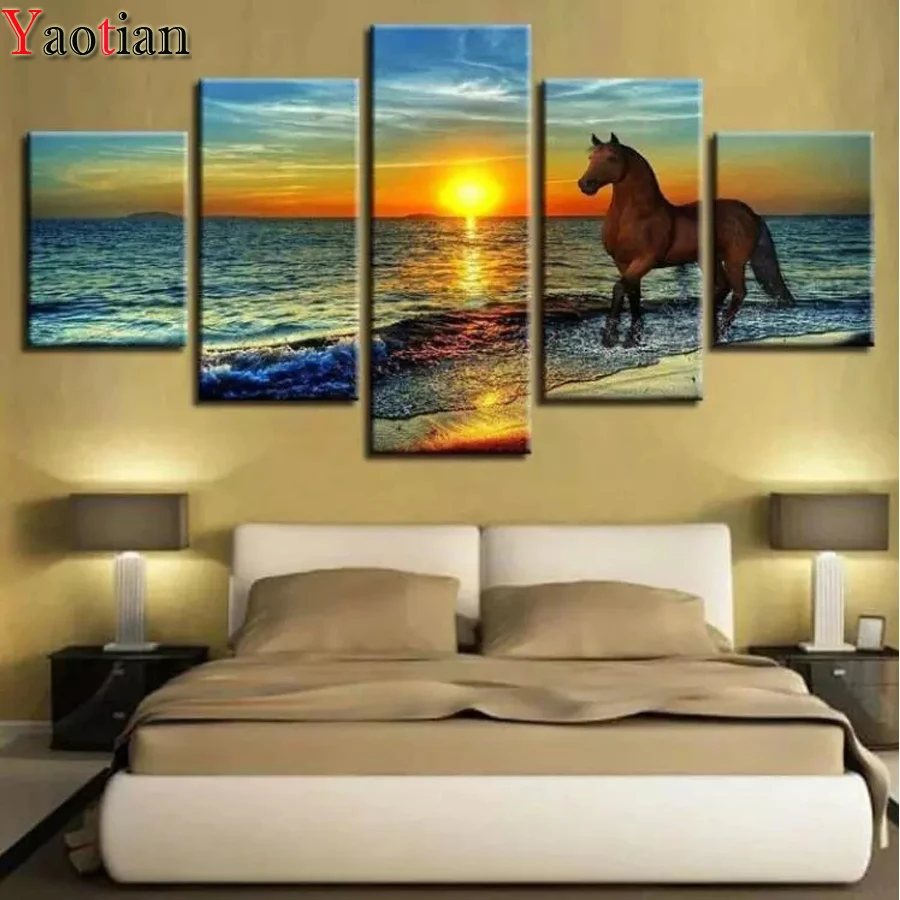

5 Pieces Full Square/Round Diamond Mosaic Horse Rhinestone Embroidery Multi-Picture diamond painting Seaside sunset scenery
