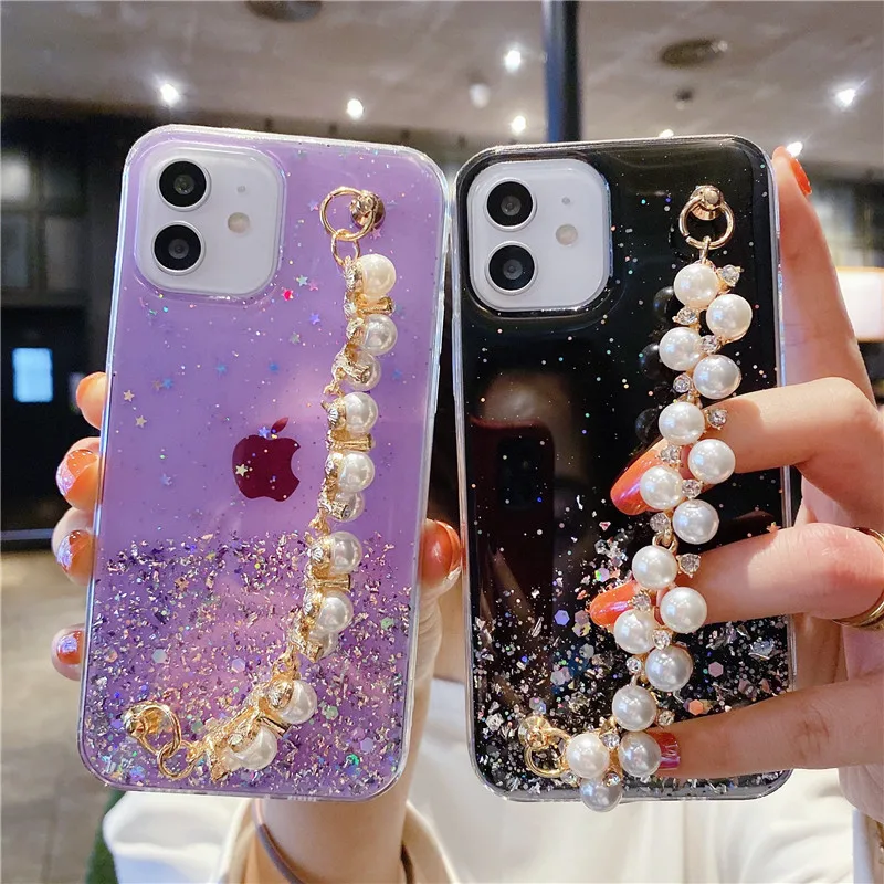 

Pearl bracelet Clear Glitter Phone Case for IPhone 12 Pro 11 Pro Max XS Max XR X 7 8 Plus 12 Gradient Rainbow Sequins Coque