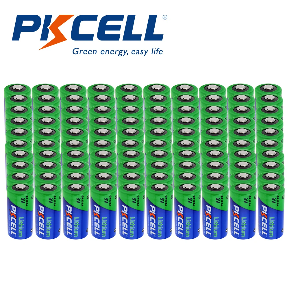 100Pcs Pkcell CR123A 3V Lithium Li- MnO2 Battery Lamp batteries Equal CR123 123A CR17345 KL23a VL123A DL123A 5018LC EL123AP