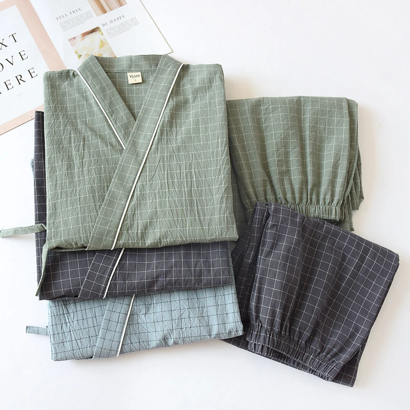 Пижама из хлопка газовое кимоно мужской домашний костюм в клетку бандажный халат