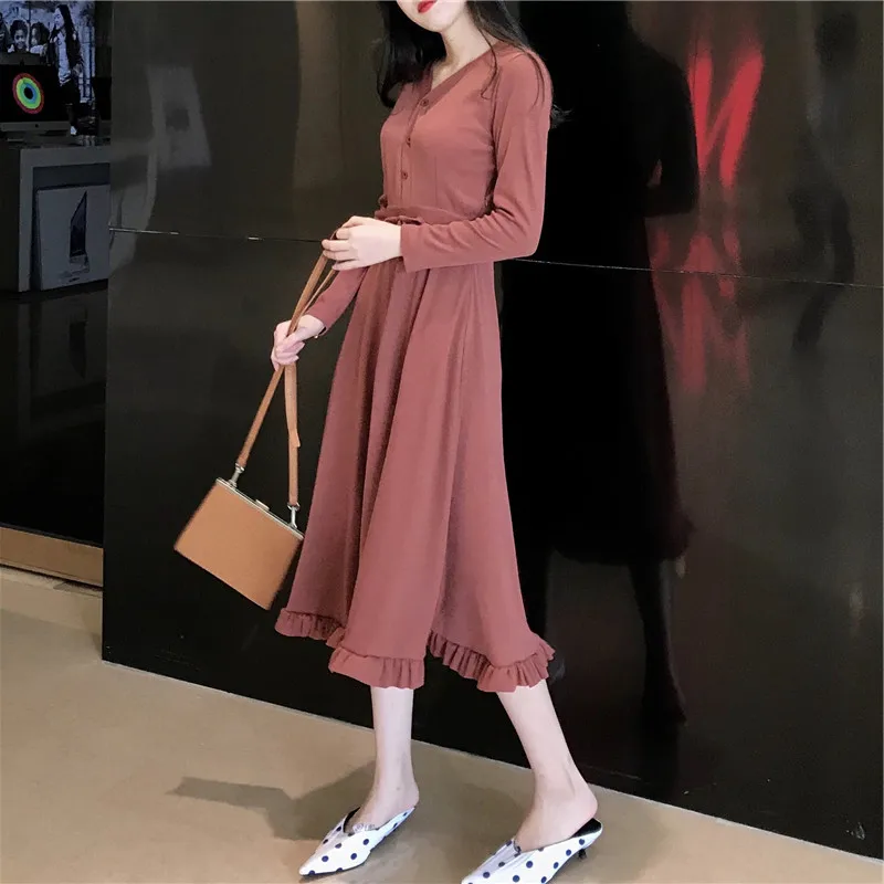 Вязаное платье осеннее для женщин новинка 2019 облегающее тонкое зимнее с длинным