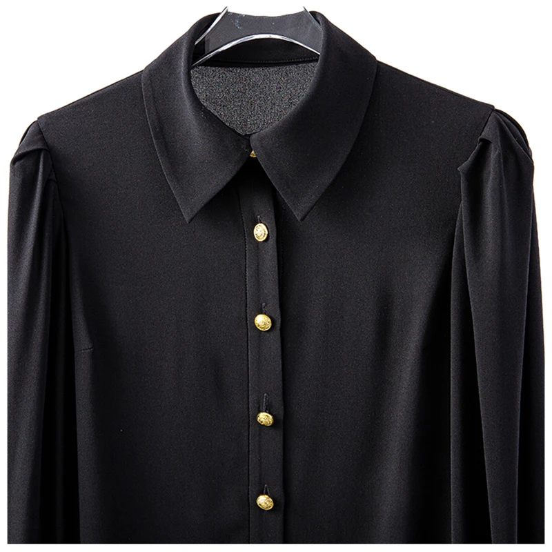 

[EAM] Women Black Pleated Spliced Vintage Blouse New Lapel Long Sleeve Loose Fit Shirt Fashion Tide Spring Autumn 2021 1DE1364