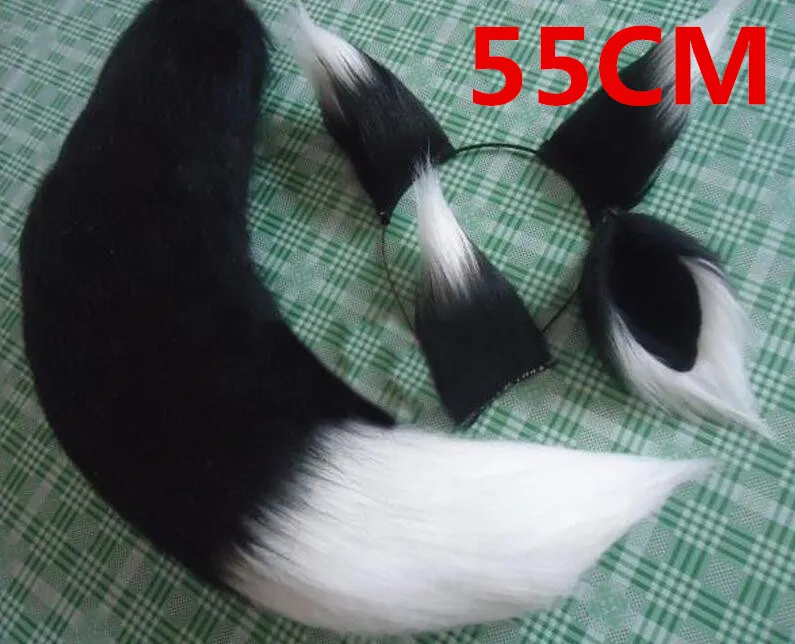 Black 55cm Аниме Реквизит для косплея, лисичные уши и хвост, набор специй и волка, Холо, плюшевый длинный мех, уши Неко, хвост, для вечеринки, костюм на Хэллоуин, аксессуары - Цвет: Black 55cm