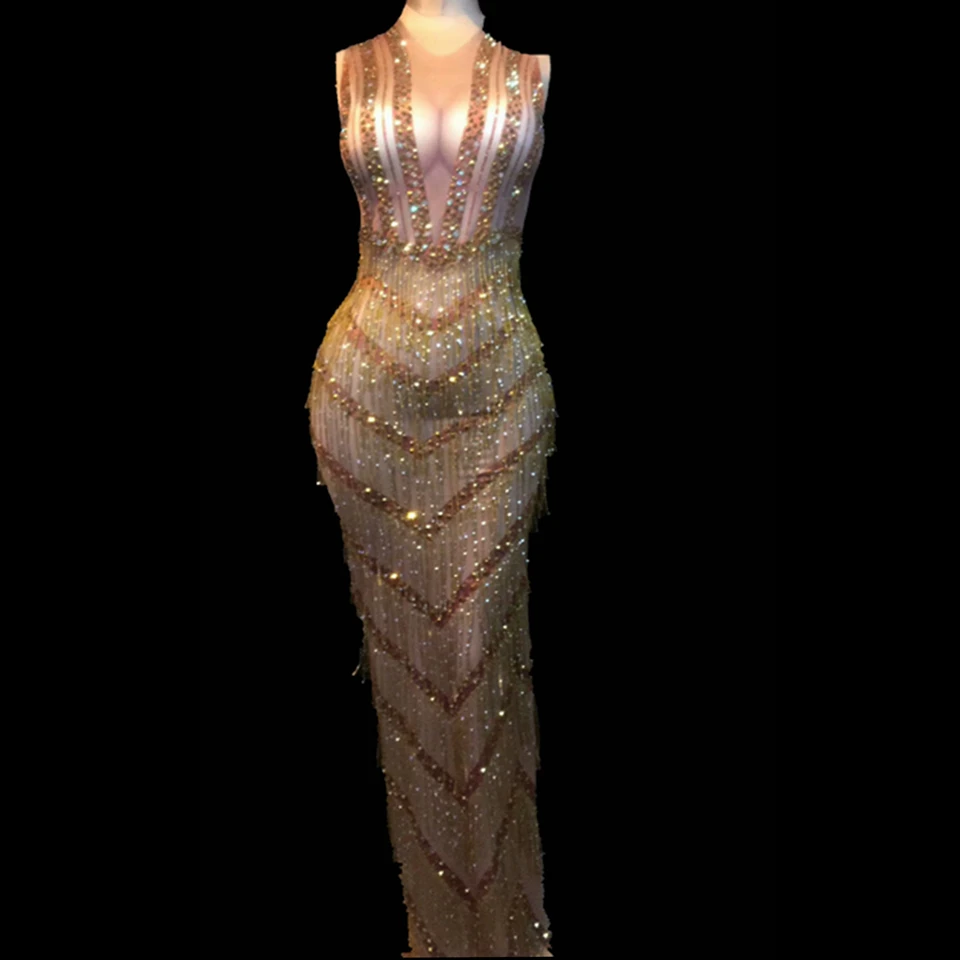 

Блестящее платье-стрейч с кристаллами, Женская вечерняя одежда для вечеринки, платье с кисточками и стразами, праздничный наряд для выпускного вечера и дня рождения