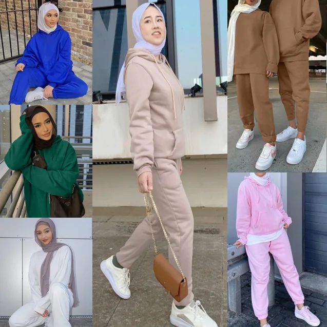 Muslim Sportswear Winter Hooded Sweater Sweatshirt Fleece Solid Color Causal Two Piece Set Top and Pants Modest Islamic Clothing