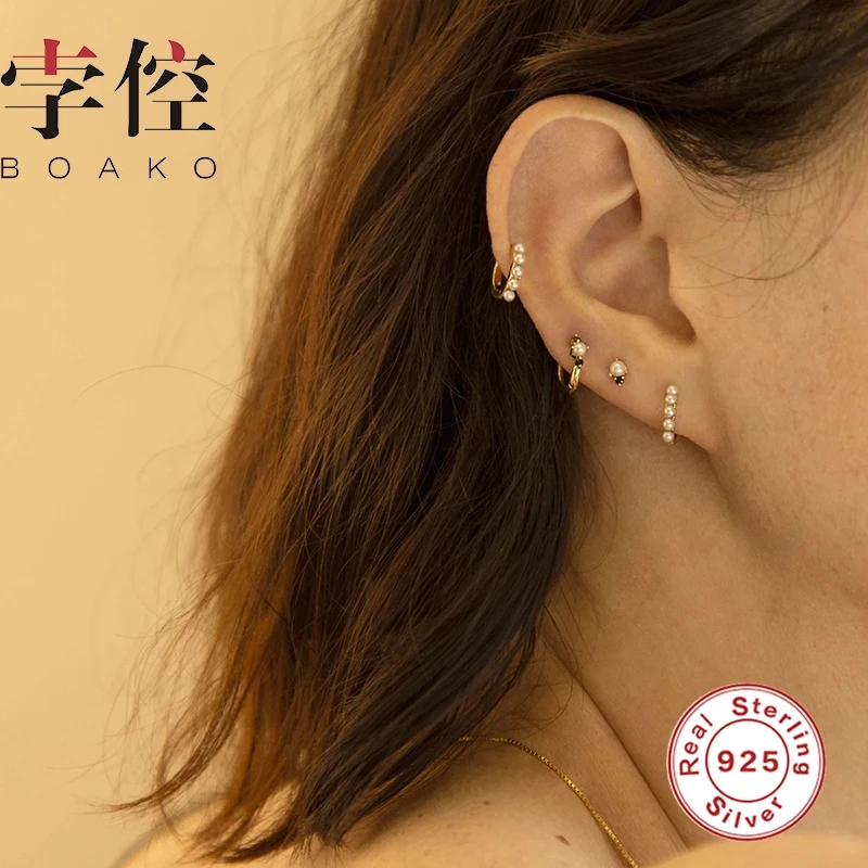 BOAKO INS Pearl Diamond Earrings Hoops 925 Sterling Silver For Women Jewelry Zircon Earring Pendientes Brincos | Украшения и