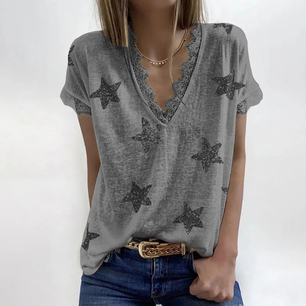 

Summer V-neck Print Lace T-Shirt Women Casual Loose Top Ladies Short Sleeve Tees Camiseta De Mujer Female Clothing New Tops
