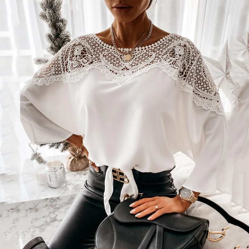 

WYWMY 2022 New Crochet Embroidery Lace Blouses Women Autumn Sexy Lace Stitching White Shirts Vintage Lady Tops Blusas