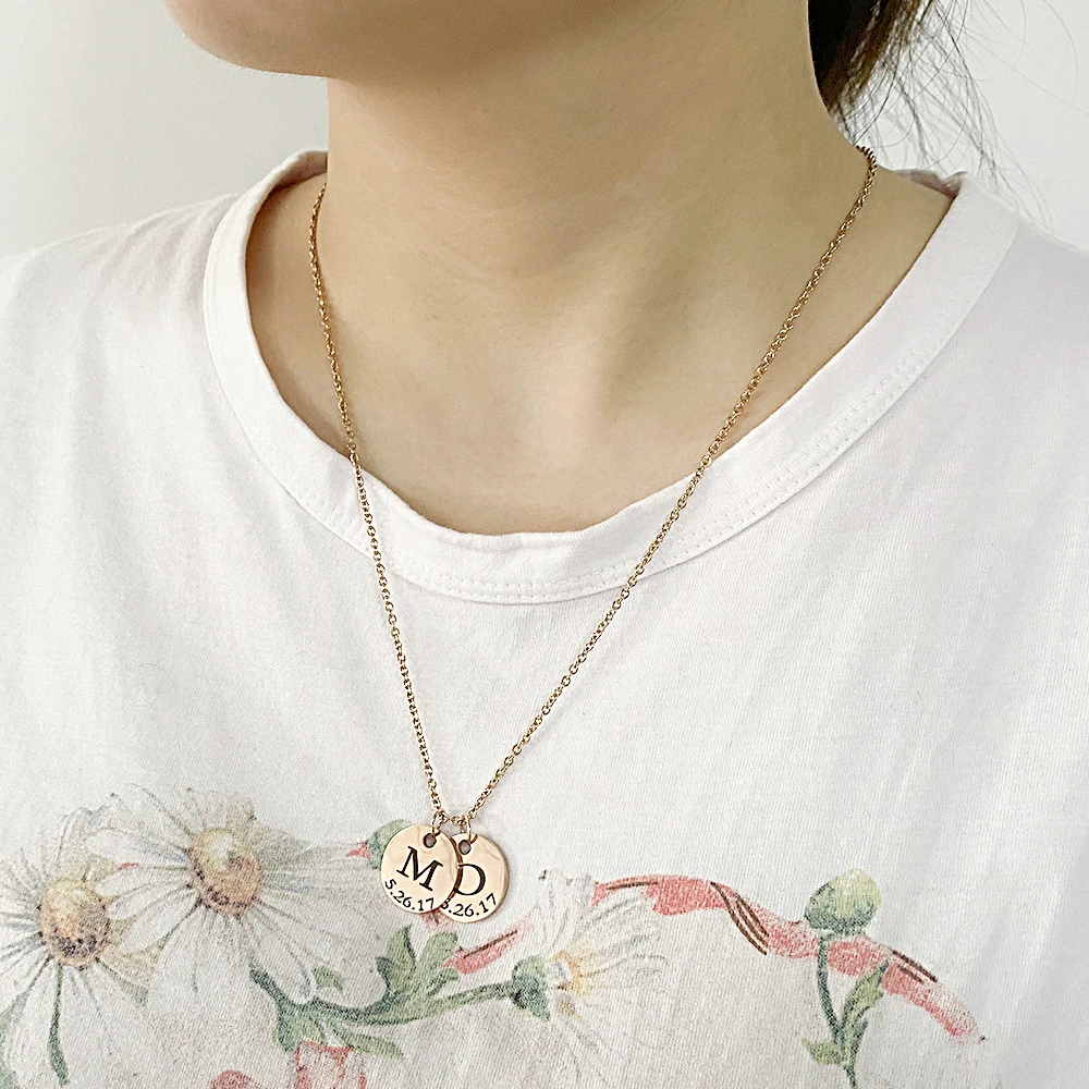 Custom Engraving letter Necklaces Stainless Steel Personalized nameplate Logo round Info Coin for Women Man Mom Gifts | Украшения и