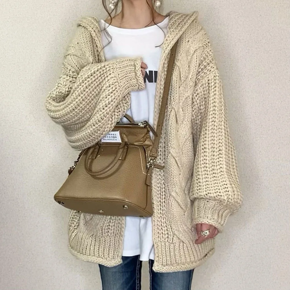 Женский вязаный кардиган с капюшоном повседневный однотонный винтажный цвета