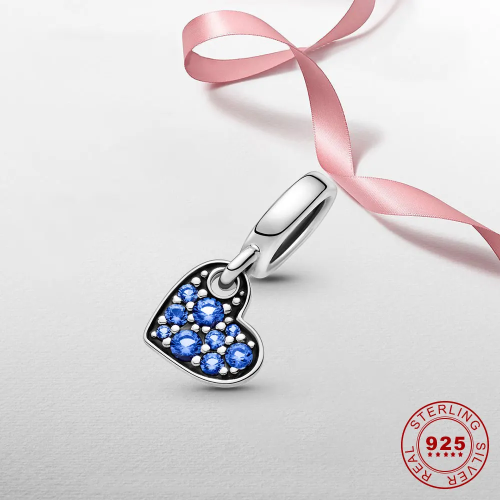 

925 Sterling Silver genuine Stellar Blue CZ Heart Dangle Charm fit for Women Silver Original Pandora Bracelet and Necklace