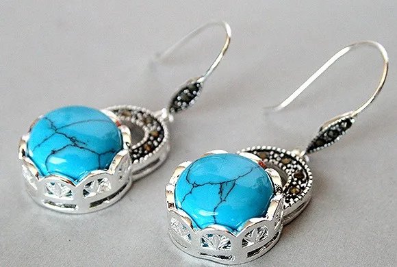 

charm lady's 925 Silver Blue turquoise Marcasite Earring Silver natural gem/jade/coral/opal Marcasite Earrings