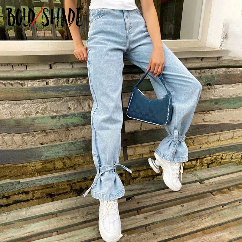 

Bold Shade 90s Indie Style Streetwear High Waist Jeans Women Boy Friend Denim Pants Bandage Grunge Vintage Straight Trousers New