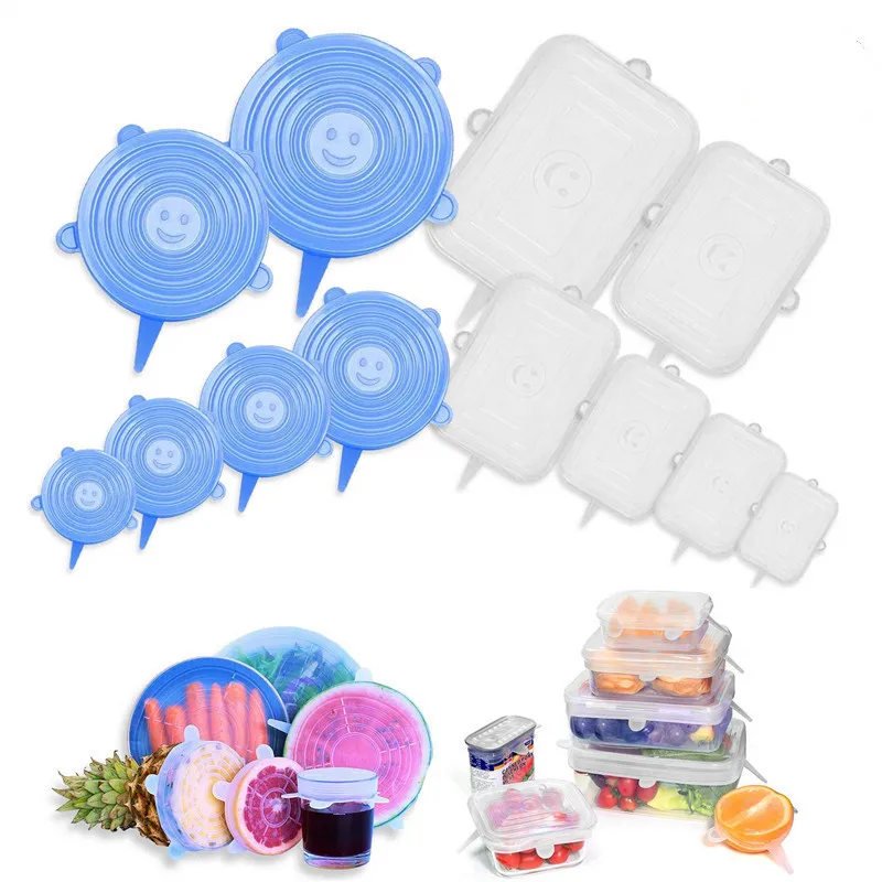 

6PCS Reusable Silicone Lids for Food Adaptable Silicone Caps for Cookware Square Silicone Stretch Cover Vacuum Food Packaging