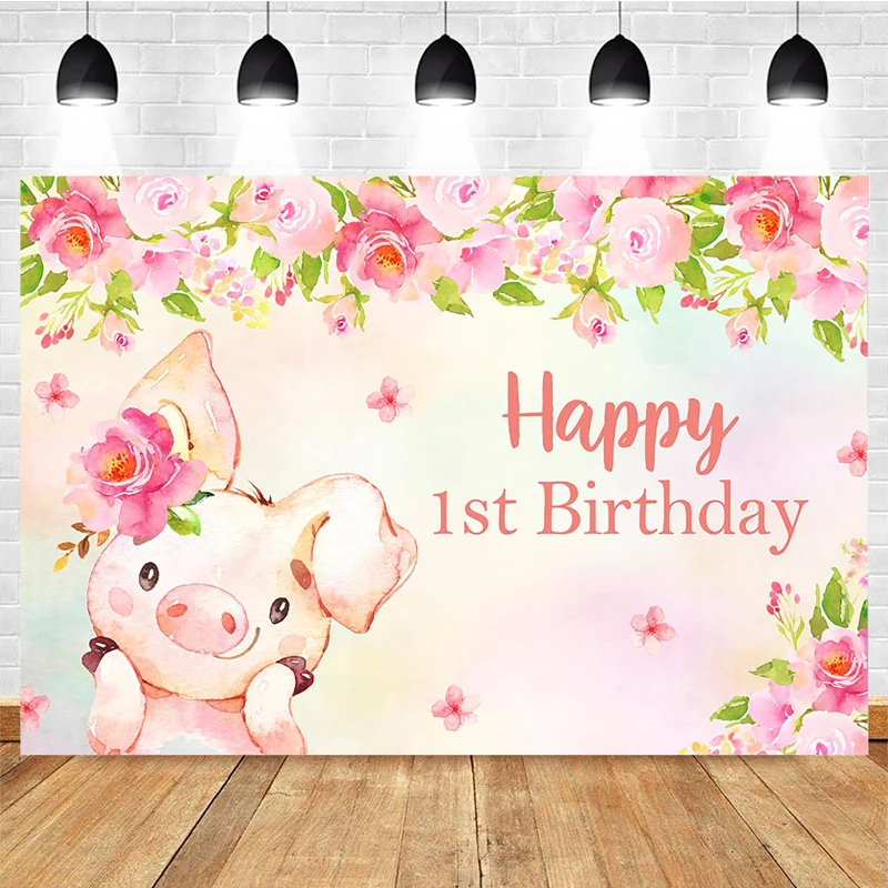 

Mocsicka 1st Birthday Party Photography Background Piggy Floral Decoration Child Portrait Photo Backdrop Banner