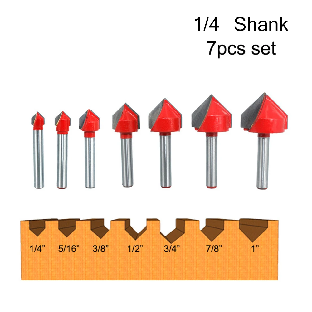 

7pcs 1/4 Inch Shank 90 Degree V Groove Router Bit Set Wood Milling Cutters CNC Machine Slotting Tools for Woodworking
