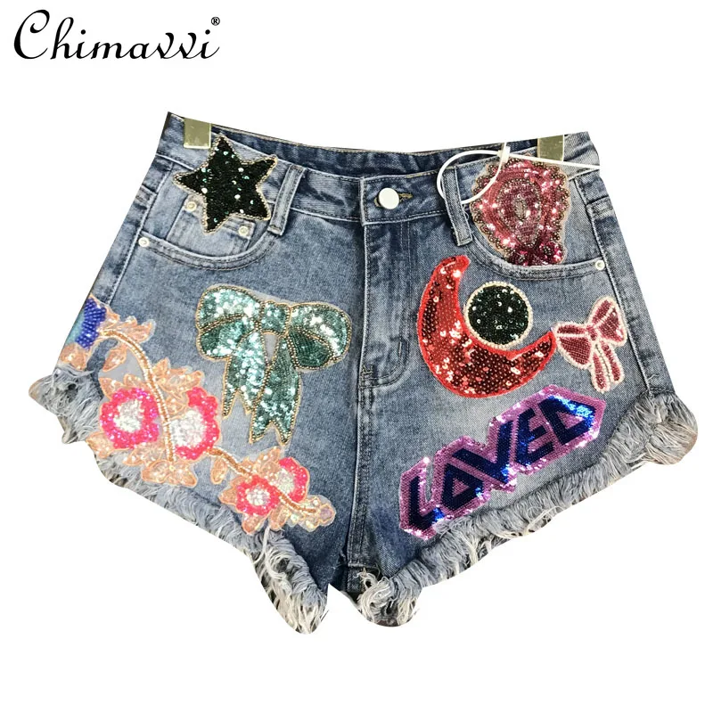 

New Fashion Summer Moon Star Sequins Denim Shorts Women Girls High Waist Jeans Shorts Hot Pants Students Short Pants