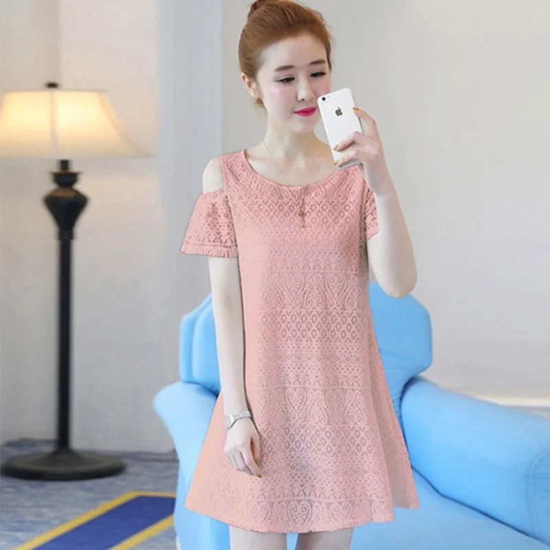 

2021 spring and summer fashion new large size loose women's mid-length short-sleeved pure color lace dress casual