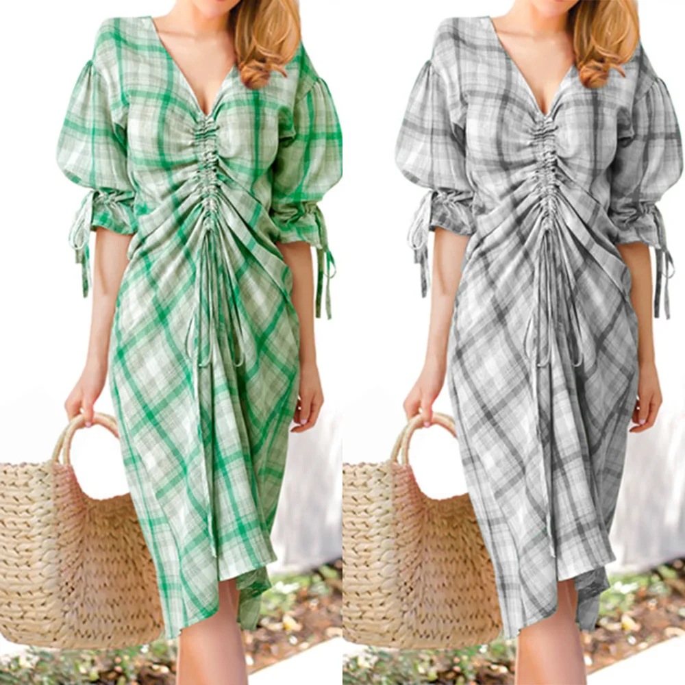 

Женское асимметричное платье, летнее повседневное клетчатое платье с высокой талией, пикантное праздничное платье с коротким рукавом и V-образным вырезом