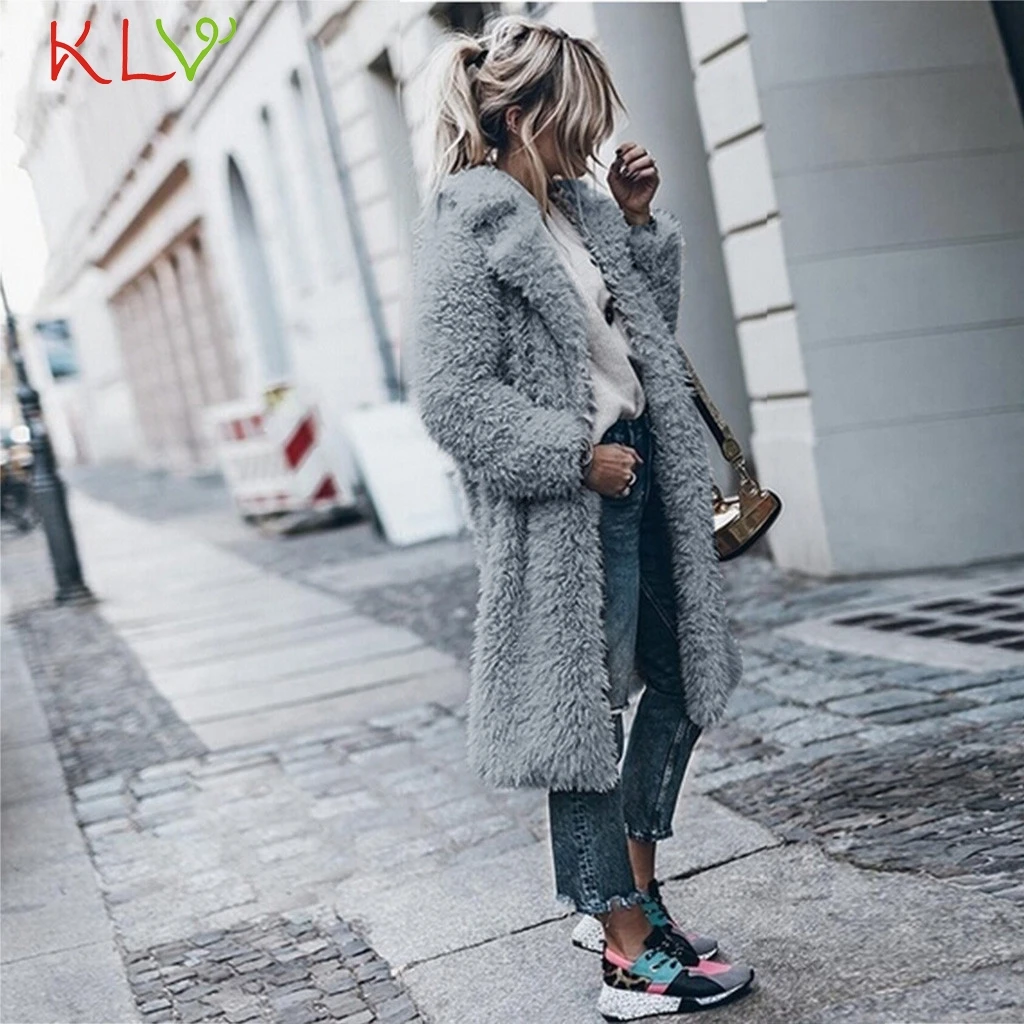 Женская куртка с лацканами Пушистый Плюшевый флис розовый длинное пальто ветровка Повседневная Femme новая зимняя теплая верхняя одежда размера плюс 19Sep