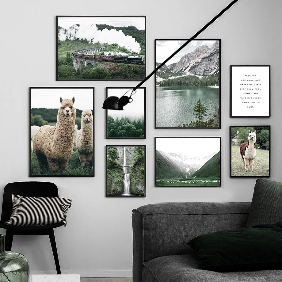 

Wall Art Canvas Painting Alpaca Llama Sky Landscape Alps Waterfall Nordic Posters Prints Wall Picture For Living Room Decoration
