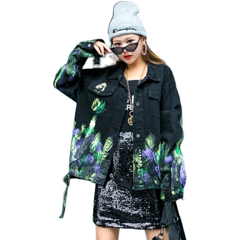 

QING MO Black Tie dye Print Women Denim Jacket 2020 Autumn Loose Female Denim Coat Single Breasted Casual Jacket ZQY5323