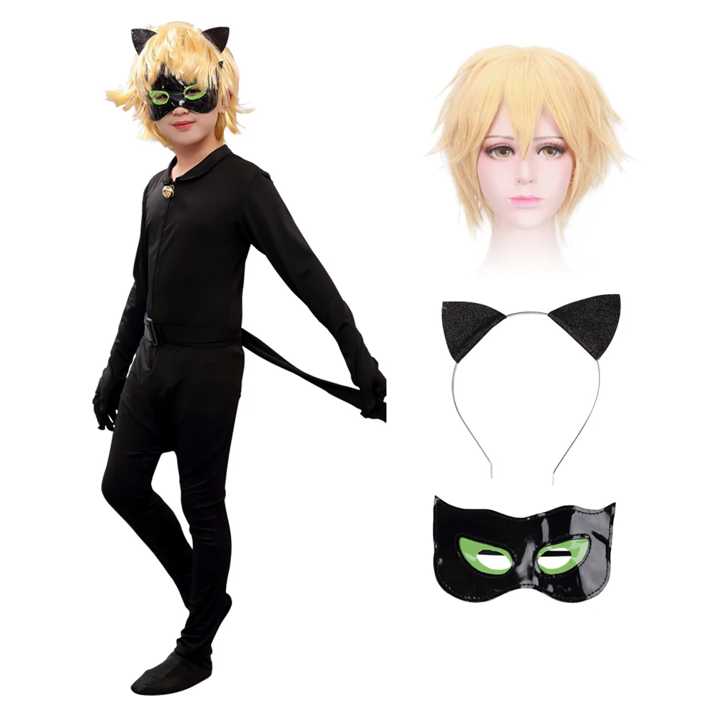

Anime Child Black Boys Cat with Tail Mask Halloween Cosplay Costume Christmas Jumpsuit Girls Super Heroes