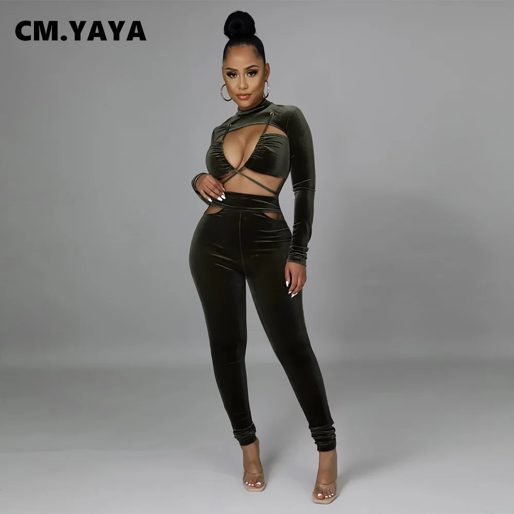 Женский бархатный Облегающий комбинезон CM.YAYA с вырезами и кружевом длинным