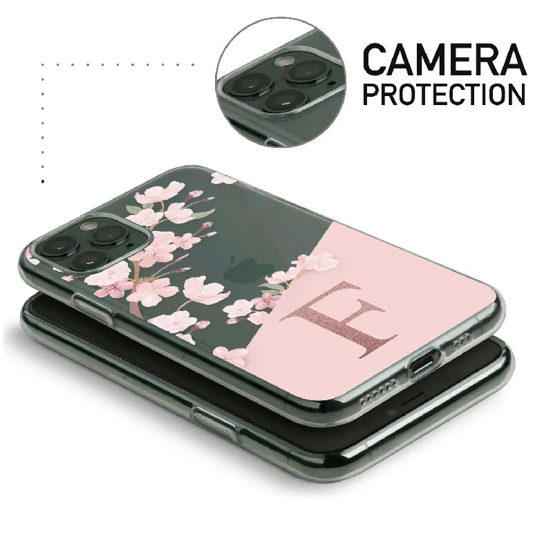 Custom Cherry Blossom Flower A to Z Initial Alphabet  Soft TPU Phone Case Cover For iPhone 14 14ProMax 14Plus 13Promax 13 12 11