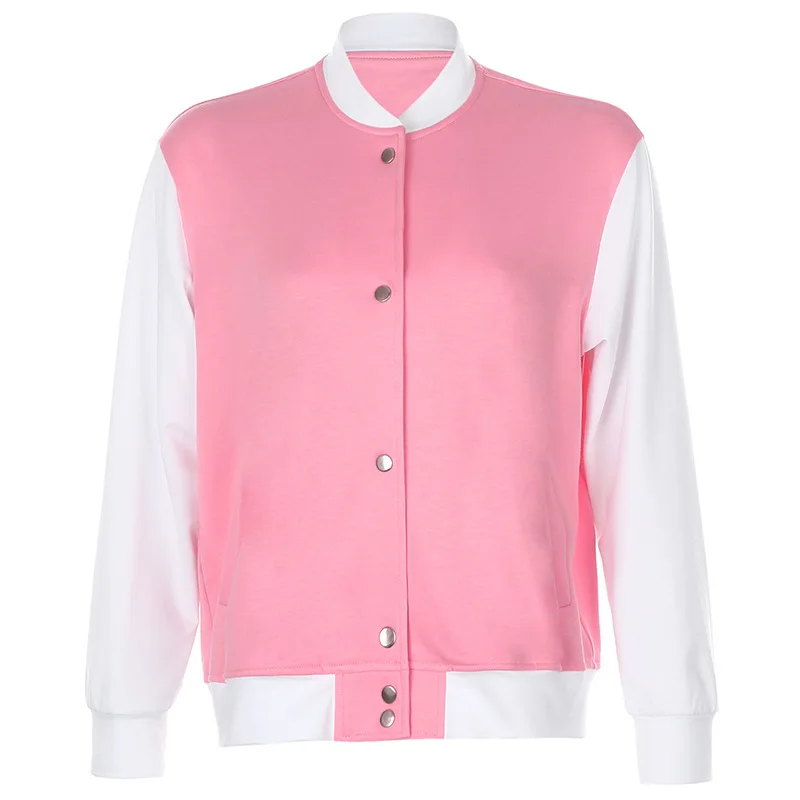 

Autumn Pink Casual Bomber Jacket Women Preppy Style Long Sleeve Coat Ladies Buttons Patchwork Overcoat Female Winter