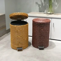 rattan slowly dropping trash can creative simple pedal with lid hotel living room bedroom wastebasket household