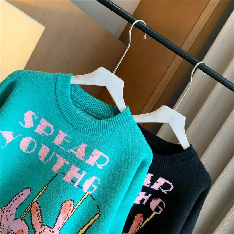 

Juice Snow 2020 Autumn And Winter New Cartoon Mirror Pink Rabbit Jacquard Loose Pullover Knitted Mid-Length Sweater Women