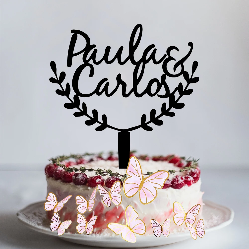 

Custom Wedding Cake Topper Of Your Names, Leaves Pattern, Optional Colors, Personalized Lovely Sign For Anniversary
