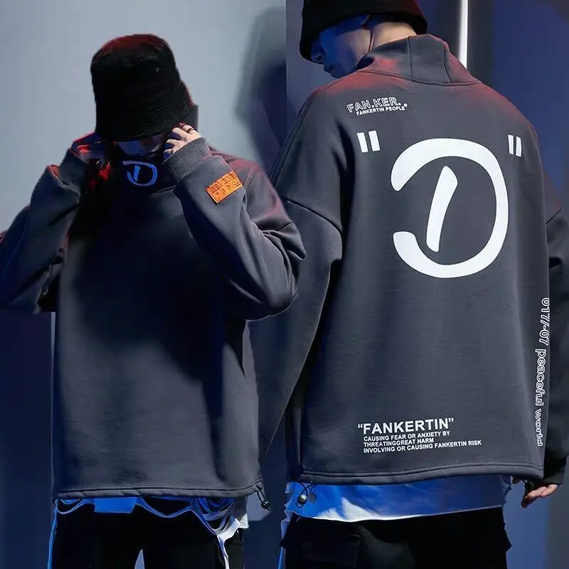 

Sweater Men's High Collar Letter Thread Hem Drawstring Loose High-end Hedging New Autumn and Winter Plus Velvet