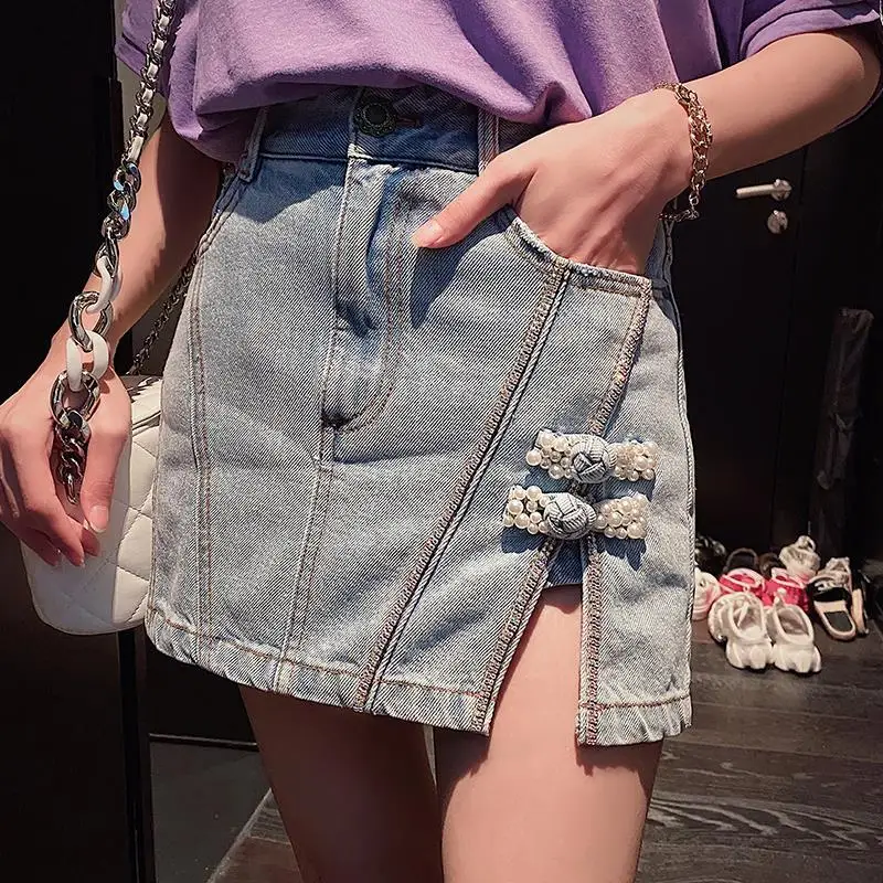 2021 New Summer Fashion Women High Waist A-line Short Skirt Slim All-match Split Beading Button Short Mini Denim Skirt Casual