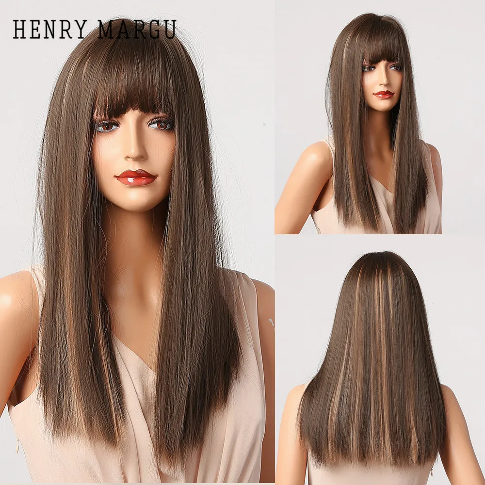 

HENRY MARGU Brown Blonde Ombre Synthetic Wigs with Bangs Long Straight Wigs for Women Natural Daily Party Wigs Heat Resistant