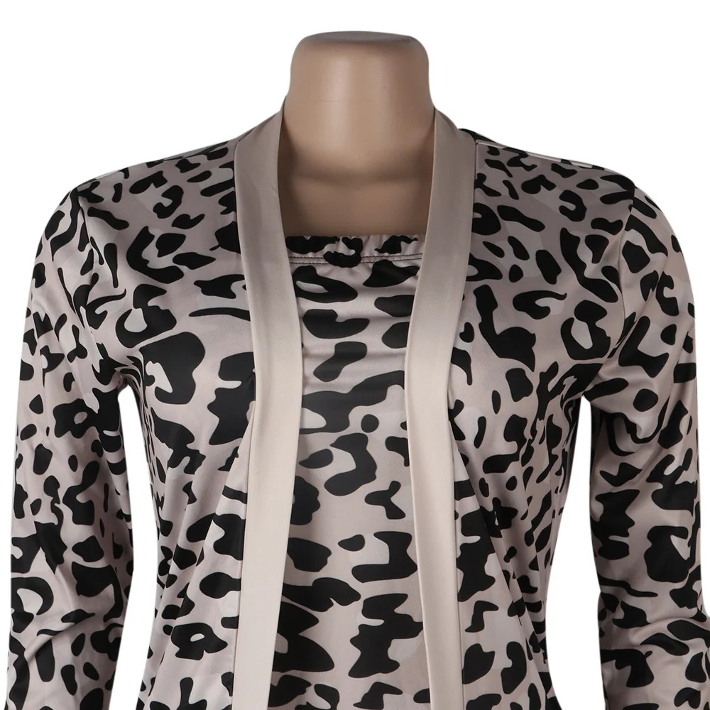 

Sexy Leopard Patchwork Bodycon 2 Two Piece Outfit Full Sleeve Maxi Open Stitch Strapless Skinny Maxi Dress Matching Set Clubwear