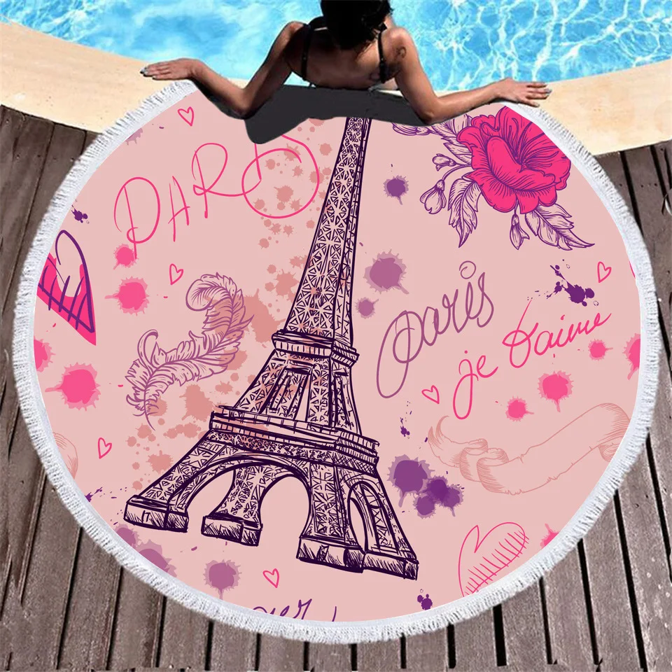 

Eiffel Tower Flower 3D Printed Bath Towels for Adults and Children Swimming Sport Round Tassel Beach Towel Gift Microfiber Towel
