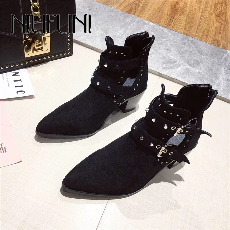 Новинка 2019 осенняя обувь NIUFUNI женские замшевые ботильоны с острым носком ботинки