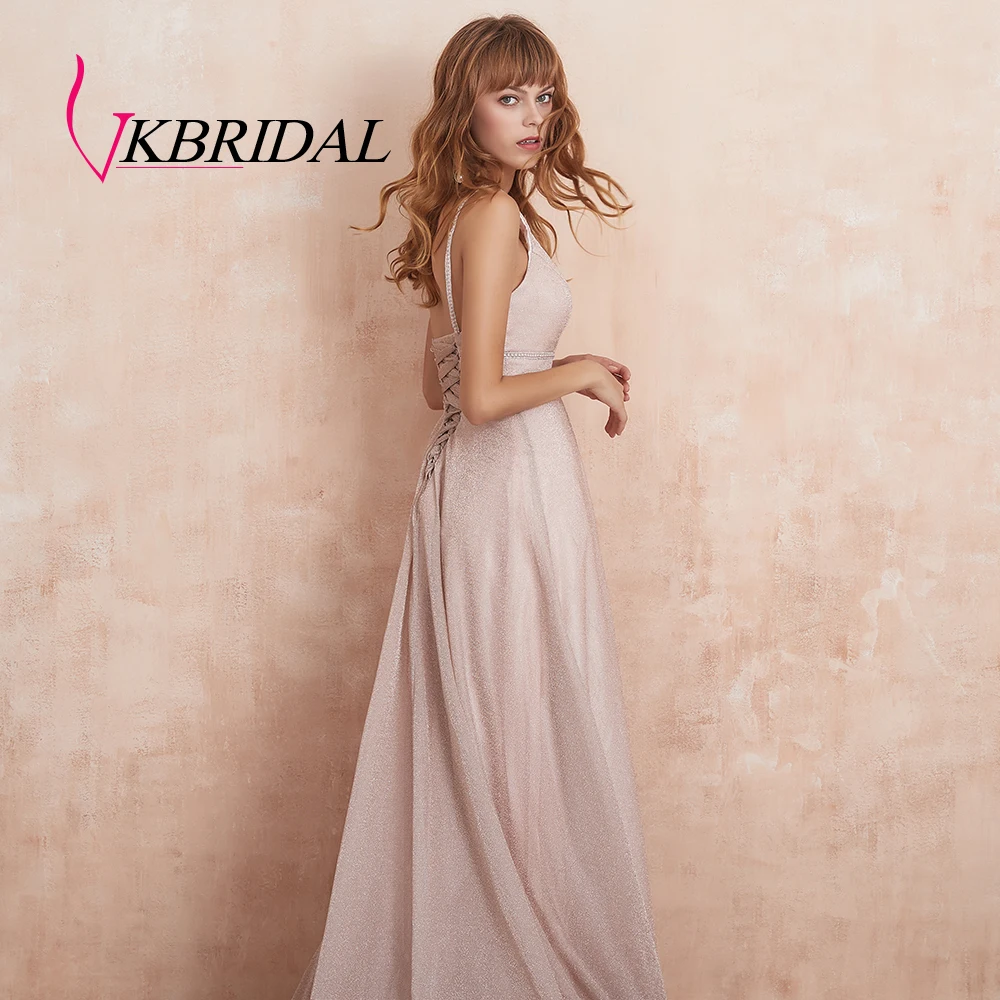 VKbridal сексуальное вечернее платье с v-образным вечернее платье ТРАПЕЦИЕВИДНОЕ Сверкающее платье для выпускного вечера Длинные вечерние платья со стразами реальное изображение