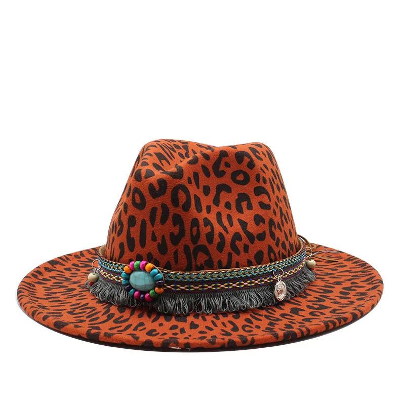 2020 new winter wool Fashion Leopard Printing Jazz Fedoras Men Women Vintage Trilby Cap Leisure Big Brim Felt Panama Hat | Аксессуары