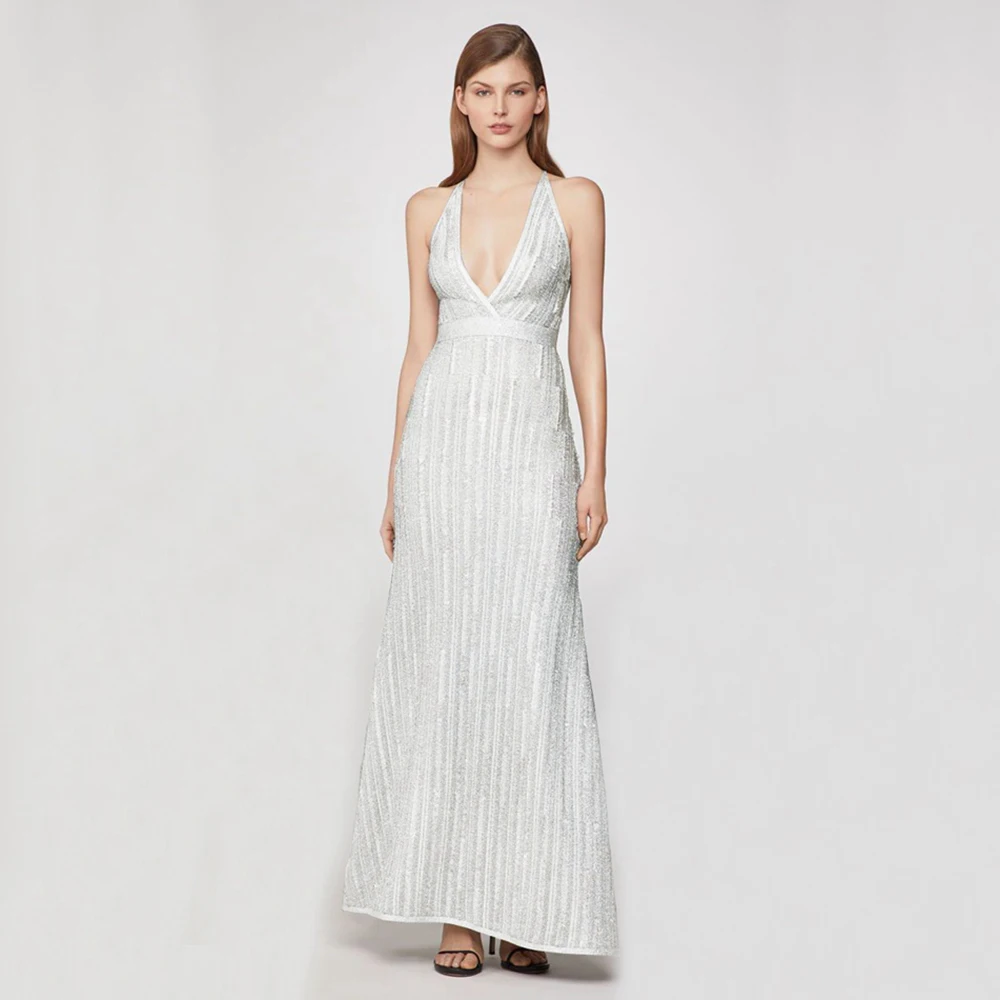 Женское длинное вечернее платье облегающее серебристое макси в полоску из
