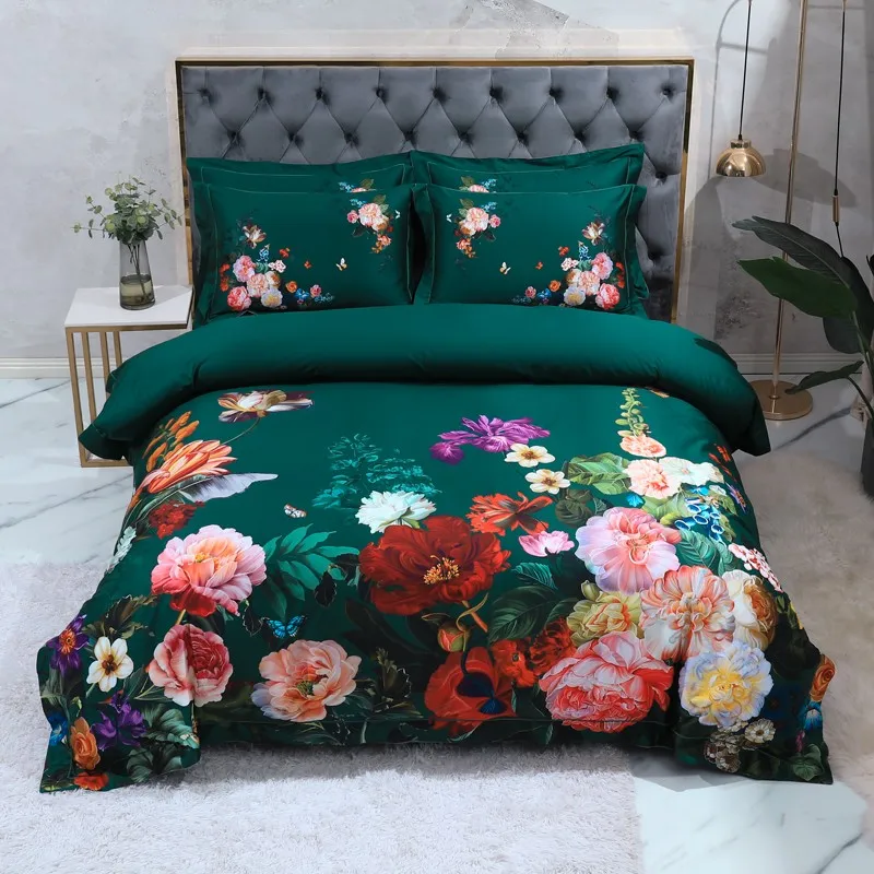 

Luxury 600TC Egyptian Cotton Vintage bedding set Blooming Flower Printed on Green Bedding Quilt Cover Set US Queen King 4/6PCS
