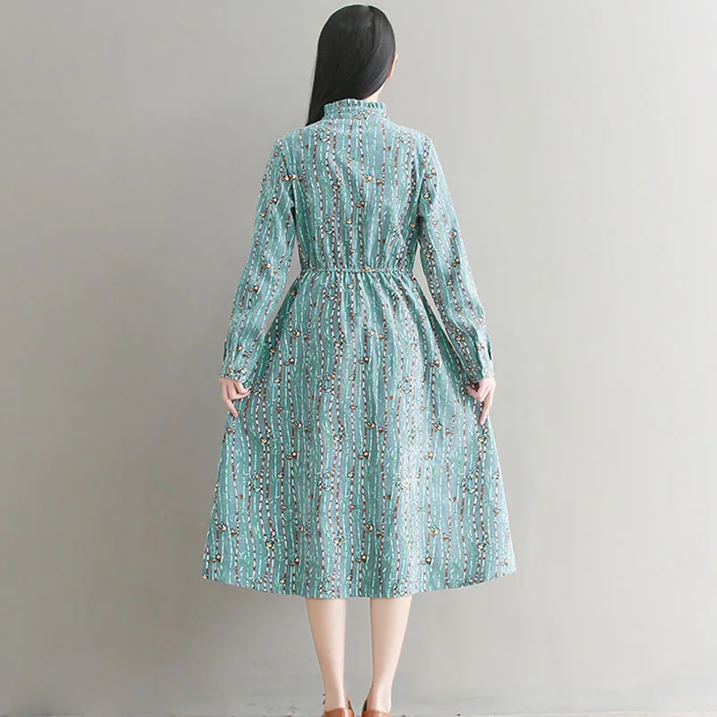 Mori Girl Autumn Spring Women Sweet Dress Longo Vintage Corduroy Midi Chic Blue Pink Animal Print Elastic-Waisted Vestidos | Женская